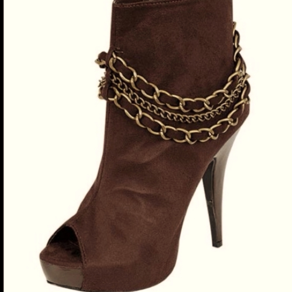 Trends UP brown ankle peep toe with gold chain decor
